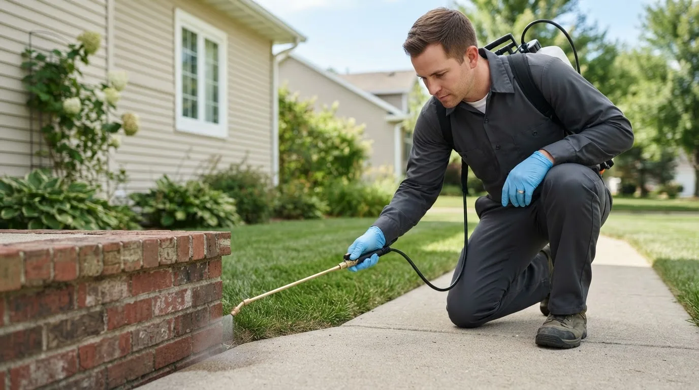 Pest control technician treating a home near Larue, TX